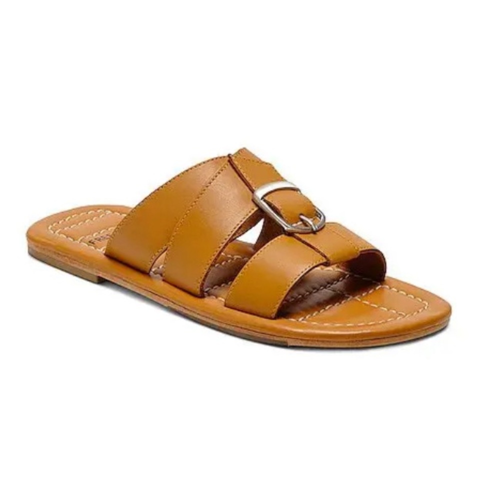 Free People Cognac Leather Buckle Slide Sandals